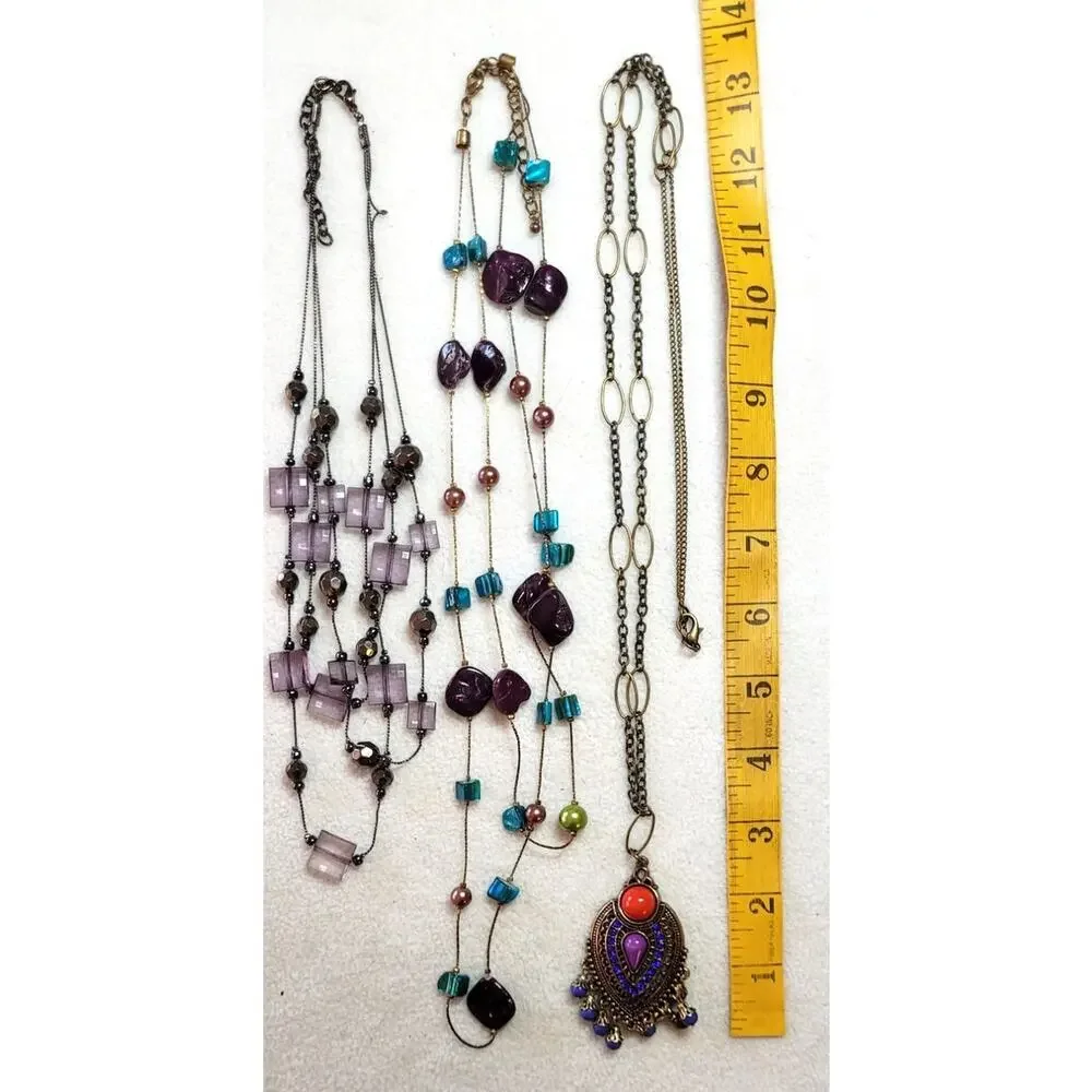 Lot of 3 Vintage Colorful Necklaces Station Long Pendant Y2K 90s 2000s Boho